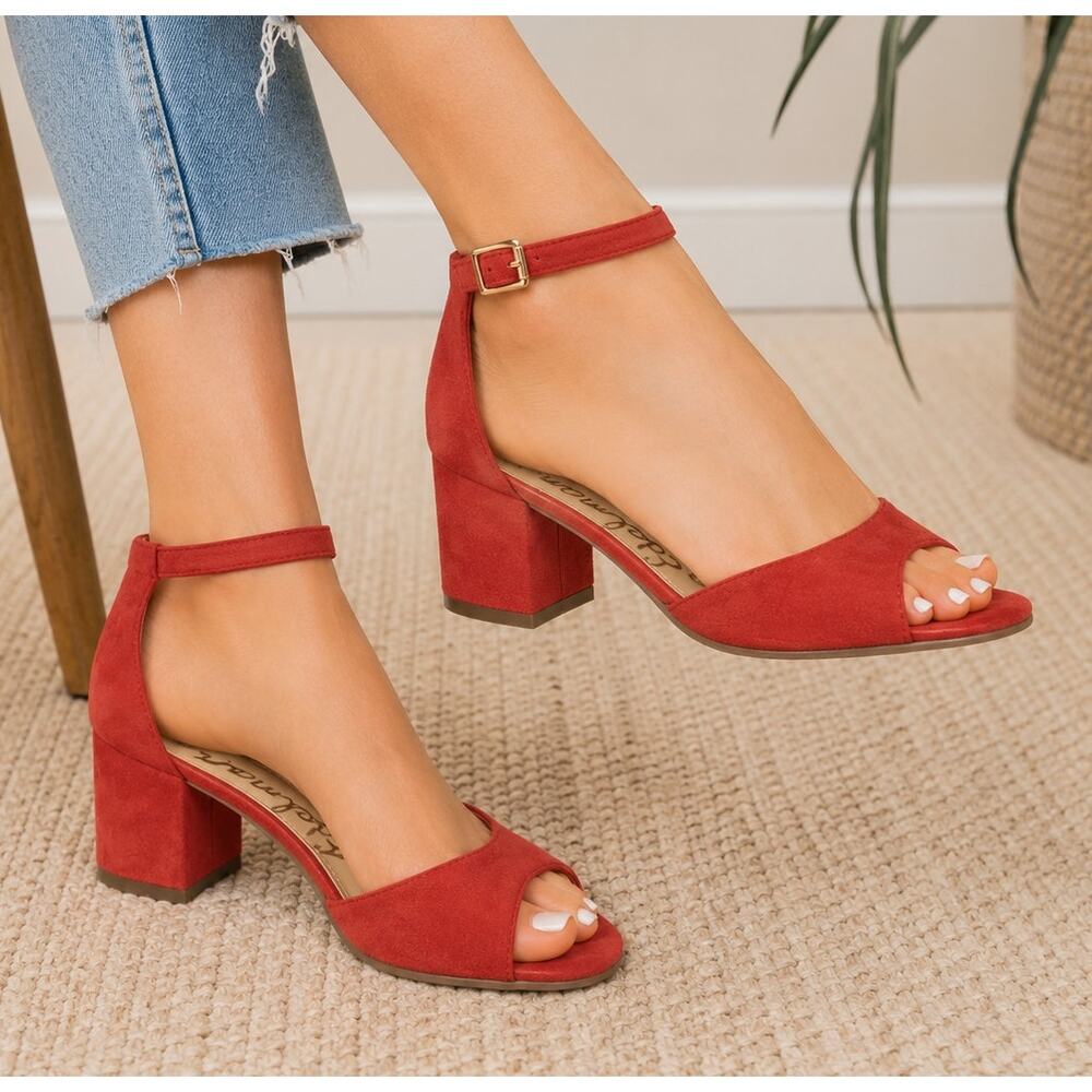 Sam Edelman Sz 6.5 Yaro Suede Ankle Strap Block Heels Sandals Spring Coral Red